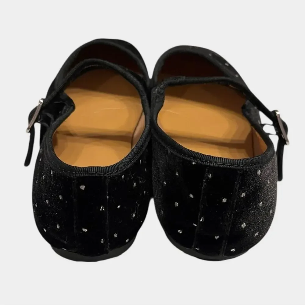 J. CREW Girls Velvet Mary Jane Flats Black Silver Dot K4